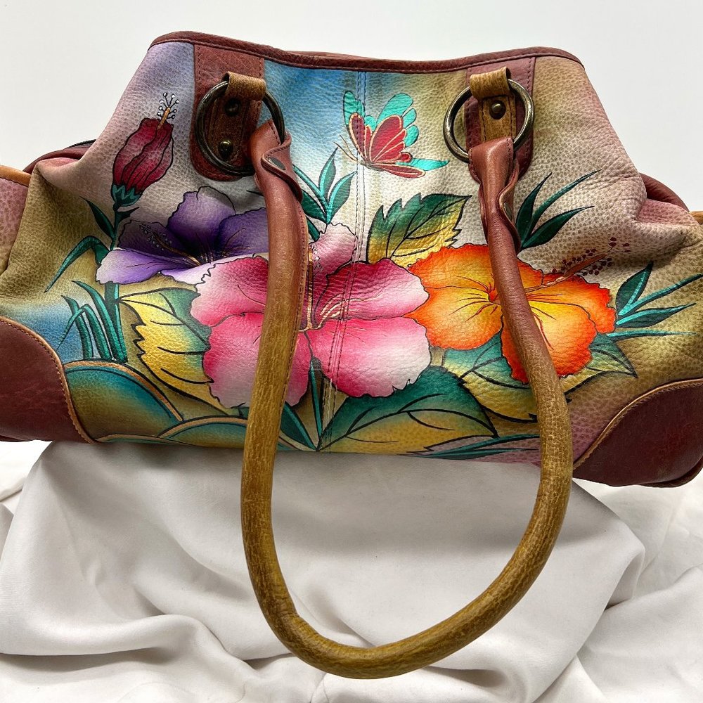 Anuschka Leather Hand Painted Hibiscus Large Zip Around Satchel